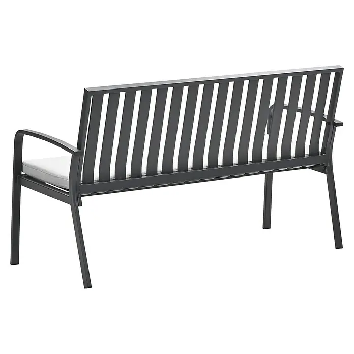 Garden Impressions Gartenbank Pisa - B x T x H: 150 x 52,5 x 89,5 cm, Aluminium, Polyester, Schwarz - Dunkelgraue Metallgartenbank mit Lattenrost und hellgrauen Kissen.