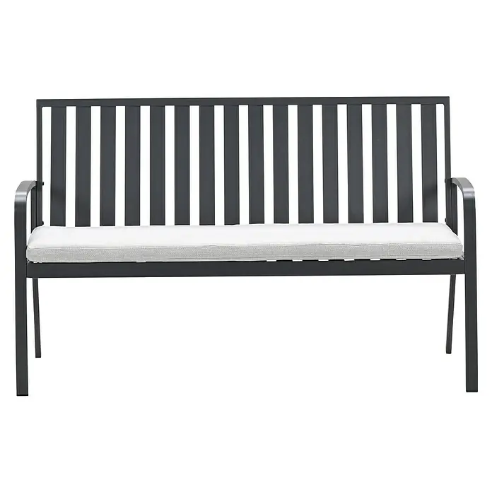 Garden Impressions Gartenbank Pisa - B x T x H: 150 x 52,5 x 89,5 cm, Aluminium, Polyester, Schwarz - Dunkelgraue Metall-Gartenbank mit hellgrauem Kissen.