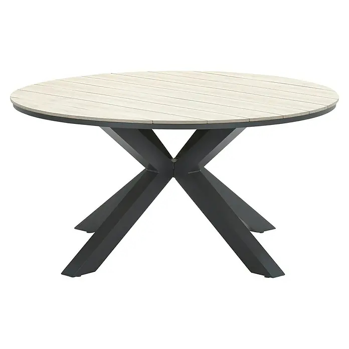 Garden Impressions Gartentisch rund Edison - Ø x H: 148 x 75 cm, Aluminium, Vironwood, Schwarz/Braun - Runder Tisch mit heller Holzlattenplatte und dunklem Metall-Sternfuß.