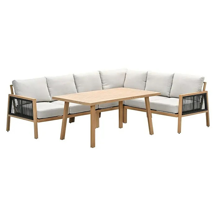 Garden Impressions Loungemöbel-Set Decala -  - L-förmiges Outdoor-Sofa mit hellen Kissen und passendem Latten-Couchtisch aus Holz für Garten und Terrasse.