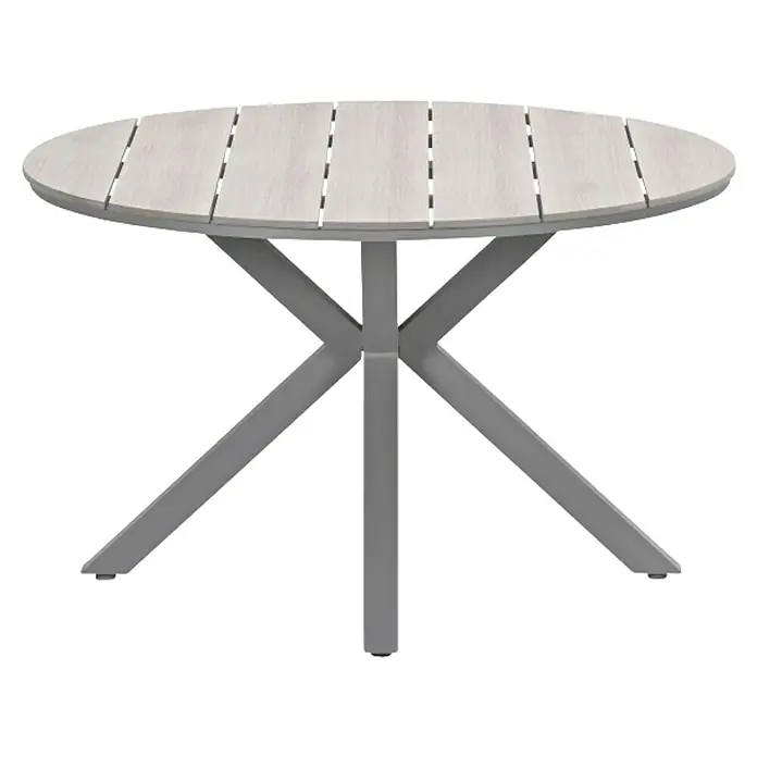 Garden Impressions Gartentisch rund Edison - Ø x H: 122 x 75 cm, Aluminium, Vironwood, Taupe - Runder Outdoor-Esstisch mit hellgrauer Latten-Holzoptik-Tischplatte und grauem Metall-X-Fuß.
