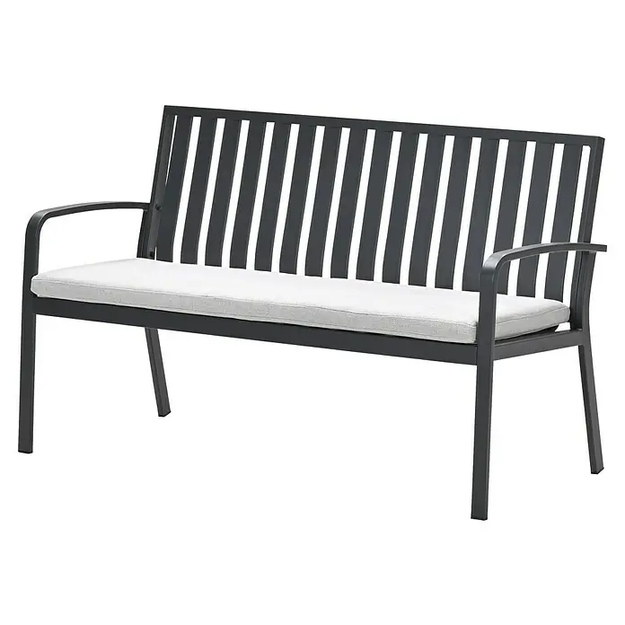 Garden Impressions Gartenbank Pisa - B x T x H: 150 x 52,5 x 89,5 cm, Aluminium, Polyester, Schwarz - Dunkelgraue Gartenbank aus Metall mit Lamellenrückenlehne, Armlehnen und hellgrauem Polsterkissen.