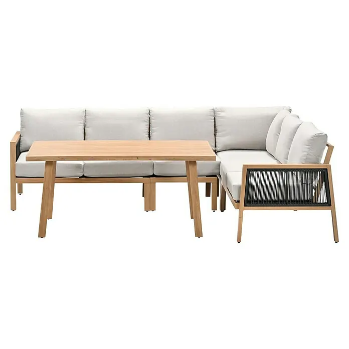 Garden Impressions Loungemöbel-Set Decala -  - Modulares Gartensofa aus hellem Holz mit hellen Polstern und passendem Couchtisch, mit schwarzen Seilakzenten.