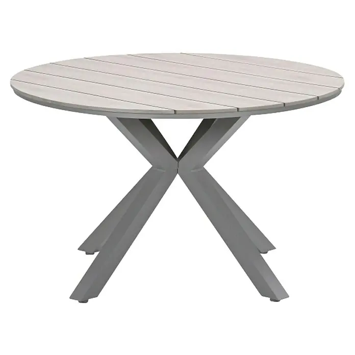 Garden Impressions Gartentisch rund Edison - Ø x H: 122 x 75 cm, Aluminium, Vironwood, Taupe - Runder Esstisch mit heller Holzoptik-Lamellenplatte und grauem Kreuzfuß aus Metall.