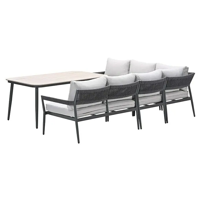 Garden Impressions Loungemöbel-Set Barcelona -  - Outdoor-Essgruppe mit hellem Holztisch und dunkelgrauem Seil- und Rahmensofa mit hellgrauen Kissen.