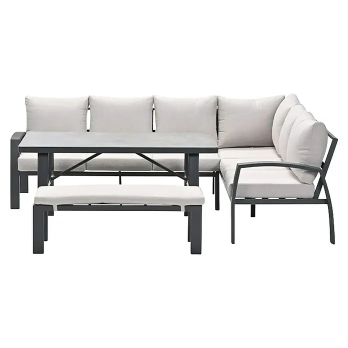 Garden Impressions Loungemöbel-Set Vasano - 4 -tlg., Aluminium, Keramik, Polyester, Rechts, Grau/Schwarz - Dunkelgraues L-förmiges Outdoor-Essset mit hellgrauen Kissen, Tisch und Bank.