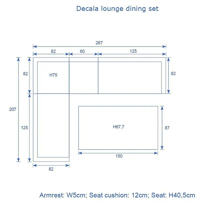 Garden Impressions Loungemöbel-Set Decala -  - Technische Zeichnung eines Decala Lounge-Esssets mit Maßen für Ecksofa, Tisch und spezifischen Sitzkomponenten-Details.