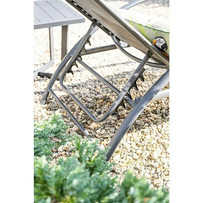 Garden Impressions Gartenliege - B x T x H: 70 x 203 x 28 cm, Aluminium, Schwarz/Anthrazit - Verstellbarer grauer Gartenliegestuhl mit Netzgewebe und Zierkissen mit Papageienmotiv im Außenbereich.