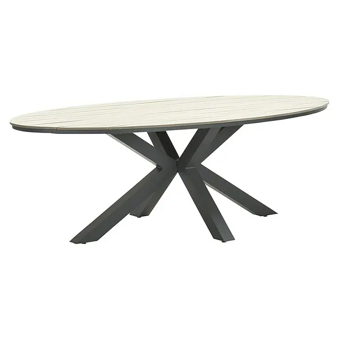 Garden Impressions Gartentisch Edison - L x B x H: 220 x 115 x 75 cm, Aluminium, Vironwood, Oval, Schwarz/Braun - Ovaler Esstisch mit heller Lattenplatte und dunkelgrauem X-förmigem Metallgestell.