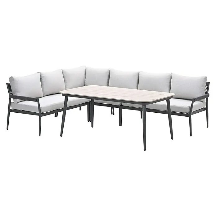 Garden Impressions Loungemöbel-Set Barcelona -  - Outdoor-Ecksofa mit hellgrauen Kissen und dunkelgrauem Metallgestell, kombiniert mit passendem hellen Holztisch.