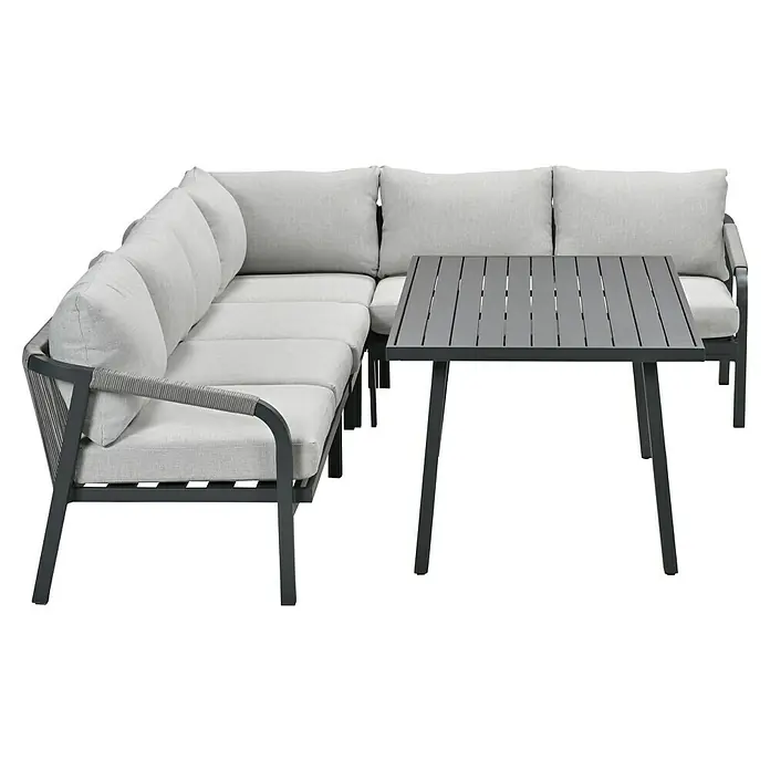 Garden Impressions Loungemöbel-Set Monti - 5 -tlg., Aluminium, Polyester, Taupe/Schwarz - Ecksofa-Set für den Außenbereich mit hellgrauen Kissen, dunkelgrauem Metallrahmen und passendem dunkelgrauen Lamellentisch.