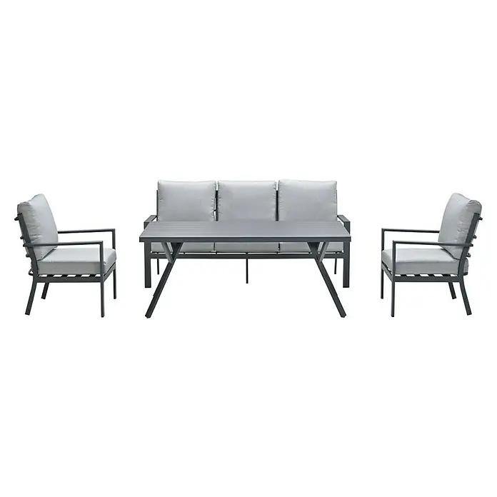 Garden Impressions Loungemöbel-Set Sergio -  - Graues Gartenmöbelset mit zwei Sesseln, einem Dreisitzer-Sofa und einem Lamellentisch, Metallrahmen und Stoffkissen.