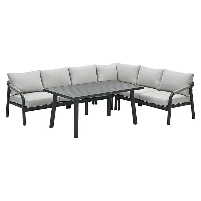 Garden Impressions Loungemöbel-Set Monti - 5 -tlg., Aluminium, Polyester, Taupe/Schwarz - L-förmiges Outdoor-Sofa mit hellgrauen Kissen und dunkelgrauem Metallrahmen, daneben ein dunkelgrauer Lattenrosttisch.