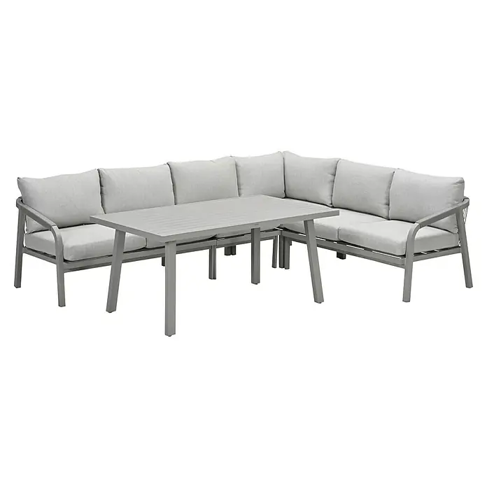 Garden Impressions Loungemöbel-Set Monti - 5 -tlg., Aluminium, Polyester, Grau - Grau metallenes Outdoor-Ecklounge-Set mit dicken Polstern und passendem Latten-Couchtisch.