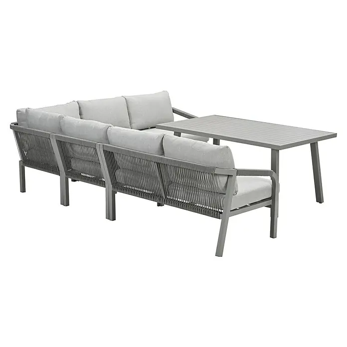 Garden Impressions Loungemöbel-Set Monti - 5 -tlg., Aluminium, Polyester, Grau - Graues Outdoor-Ecksofa-Set mit hellgrauen Kissen und passendem Tisch, mit geflochtenem Design.
