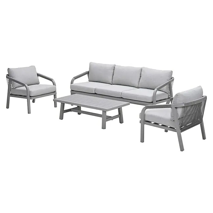 Garden Impressions Loungemöbel-Set Monti - 4 -tlg., Aluminium, Beige - Graues Outdoor-Loungeset mit Dreisitzer-Sofa, zwei Sesseln mit Seildetails und einem Lamellen-Couchtisch.