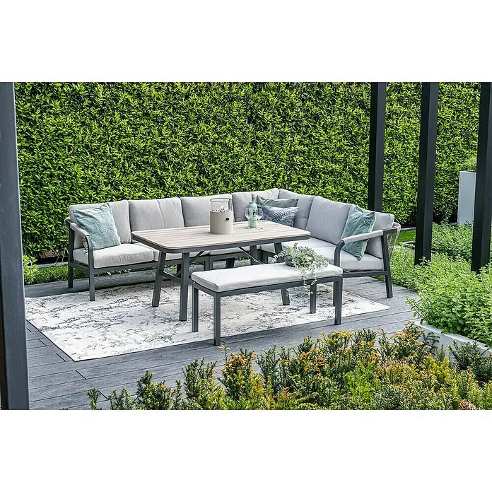 Garden Impressions Loungemöbel-Set Monti - 5 -tlg., Aluminium, Polyester, Taupe/Schwarz - Graues Outdoor-Lounge-Set mit hellen Kissen, Holztisch und passender Bank.