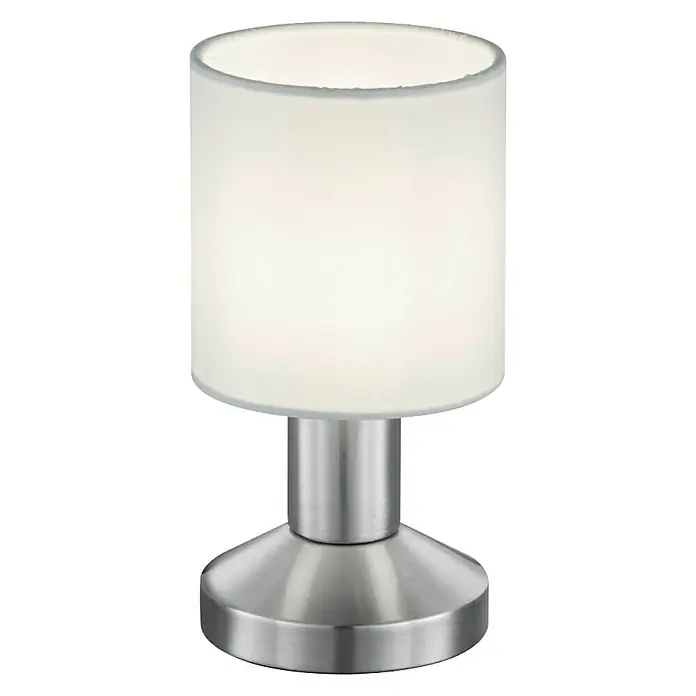 Trio Lighting Lámpara de sobremesa Garda - 25 W, L x An x Al: 9,5 x 9,5 x 18 cm, Blanco, E14 - Una lámpara de mesa moderna con una pantalla cilíndrica y una base de metal cepillado.