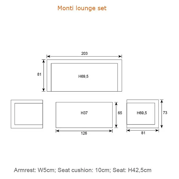 Garden Impressions Loungemöbel-Set Monti - 4 -tlg., Aluminium, Beige - Bemaßte technische Zeichnungen des Monti Lounge-Sets, mit Höhen-, Breiten- und Tiefenangaben der verschiedenen Komponenten.