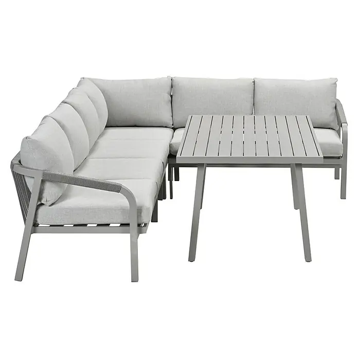 Garden Impressions Loungemöbel-Set Monti - 5 -tlg., Aluminium, Polyester, Grau - Helles graues Outdoor-Ecksofa mit Kissen und passendem grauen Lamellentisch aus Metall.