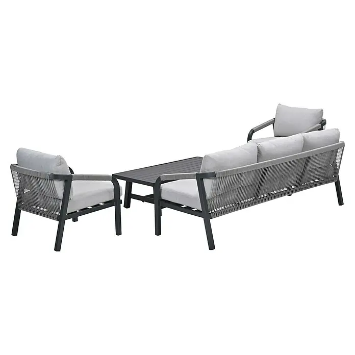 Garden Impressions Loungemöbel-Set Monti - 4 -tlg., Aluminium, Schwarz/Weiß - Modernes Outdoor-Lounge-Set mit dunkelgrauem Metallrahmen, hellgrauen Kissen, grauen Seildetails, Sofa, Sessel und Tisch.