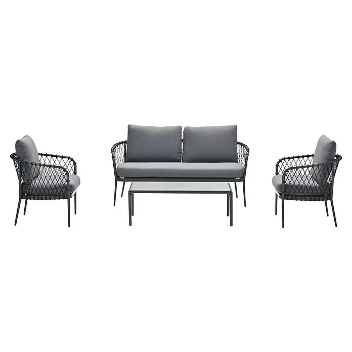 Garden Impressions Loungemöbel-Set Tropea - 4 -tlg., Aluminium, Grau/Schwarz - Graue Outdoor-Loungemöbel mit zwei Sesseln, einem Zweisitzer-Sofa und einem Tisch, mit dunklen Metallrahmen und geflochtenen Akzenten.