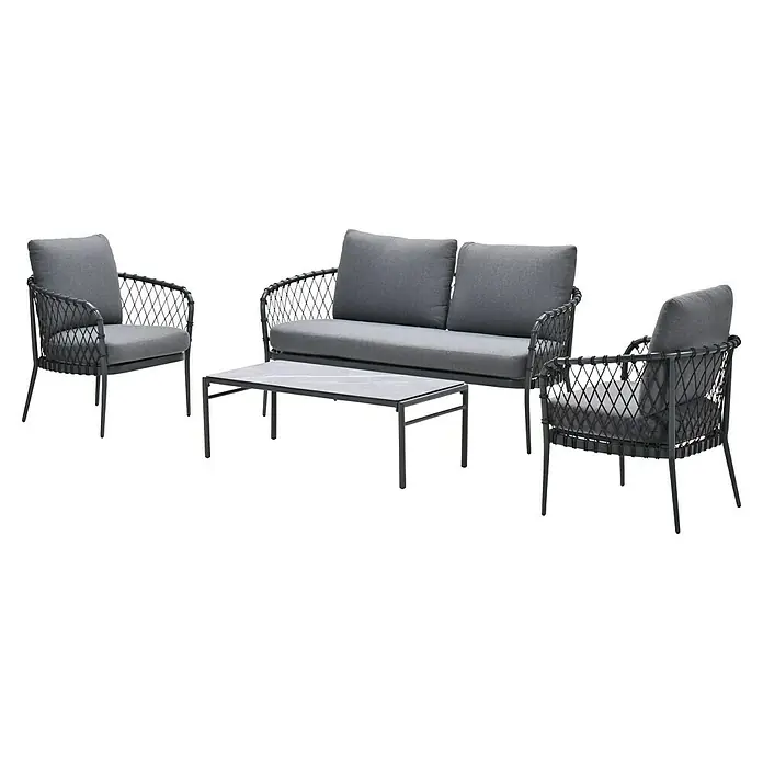 Garden Impressions Loungemöbel-Set Tropea - 4 -tlg., Aluminium, Grau/Schwarz - Graues Outdoor-Lounge-Set mit zwei Sesseln, Sofa und Couchtisch, schwarzen geflochtenen Rahmen und weichen Polstern.