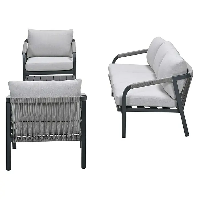 Garden Impressions Loungemöbel-Set Monti - 4 -tlg., Aluminium, Schwarz/Weiß - Lounge-Set für den Außenbereich aus grauem Metall und Seilgeflecht mit hellgrauen Kissen, bestehend aus Sessel und Zweisitzer-Sofa.