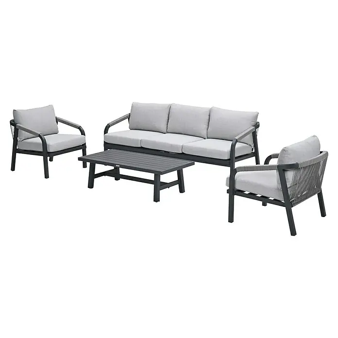 Garden Impressions Loungemöbel-Set Monti - 4 -tlg., Aluminium, Schwarz/Weiß - Dunkelgraue Outdoor-Lounge-Sitzgruppe mit Dreisitzer-Sofa, zwei Sesseln und Couchtisch, hellgrauen Polstern und geflochtenen Kordeldetails.