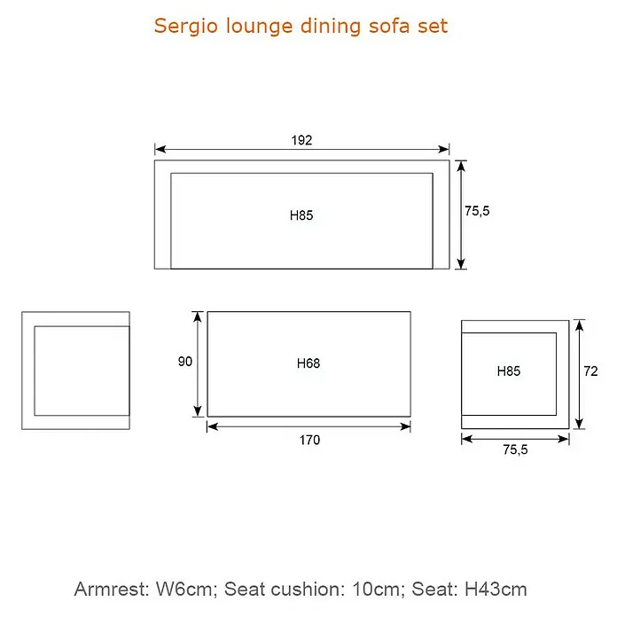 Garden Impressions Loungemöbel-Set Sergio -  - Technisches Diagramm des Sergio Lounge Dining Sofasets mit Maßen: Breite 192cm, Tiefe 75,5-90cm, Höhe 68-85cm, Armlehne 6cm, Sitzhöhe 43cm.