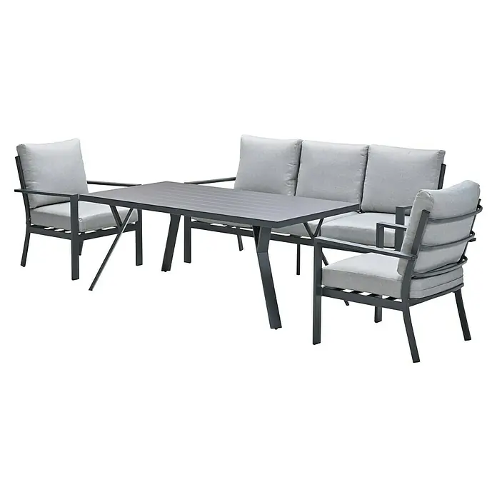 Garden Impressions Loungemöbel-Set Sergio -  - Graues Outdoor-Essgruppe mit Metalltisch, zwei Stühlen und einem Zweisitzer-Sofa, alle mit hellgrauen Kissen.