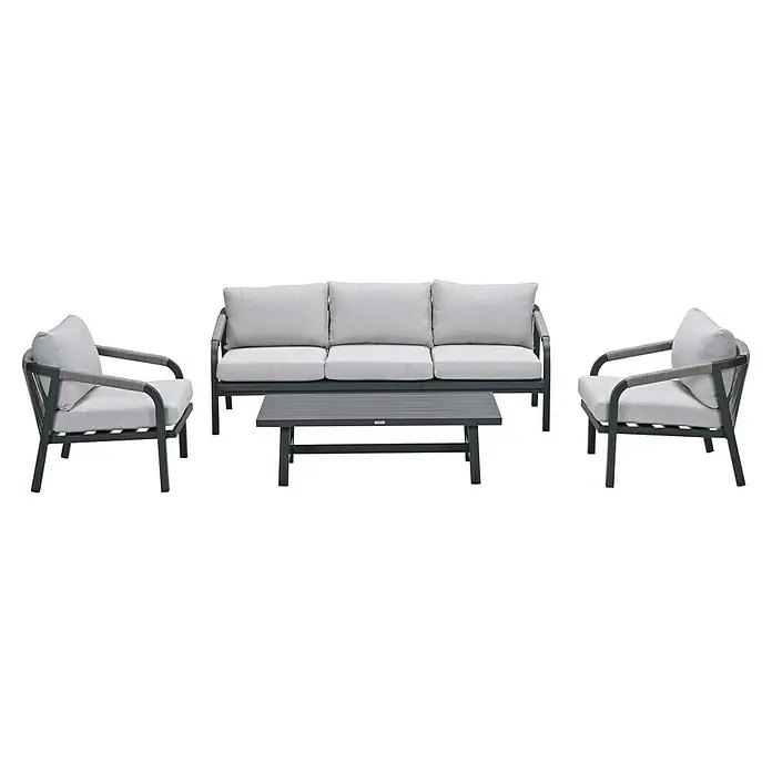 Garden Impressions Loungemöbel-Set Monti - 4 -tlg., Aluminium, Schwarz/Weiß - Modernes dunkelgraues Outdoor-Lounge-Set mit einem Dreisitzer-Sofa, zwei Sesseln und einem Couchtisch, alle mit hellgrauen Kissen.