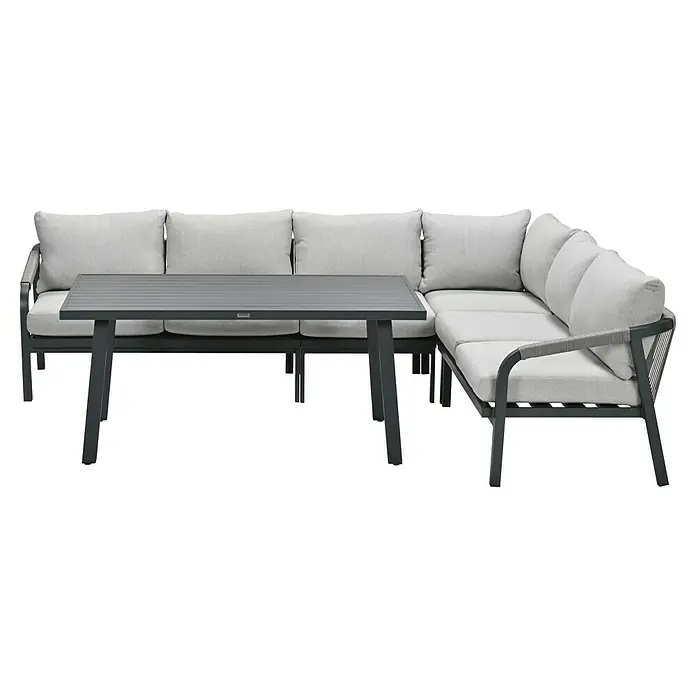 Garden Impressions Loungemöbel-Set Monti - 5 -tlg., Aluminium, Polyester, Taupe/Schwarz - Outdoor-Lounge-Set mit grauem Metall-Ecksofa und passendem Couchtisch, hellgrauen Polstern und Seildetails an den Armlehnen.