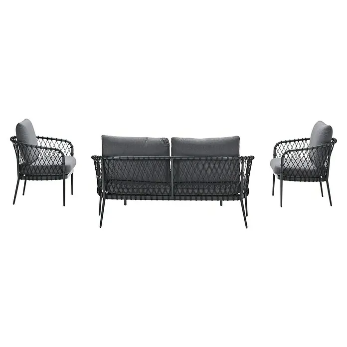 Garden Impressions Loungemöbel-Set Tropea - 4 -tlg., Aluminium, Grau/Schwarz - Dunkelgraue Outdoor-Sitzgruppe mit zwei Sesseln und Zweiersofa.