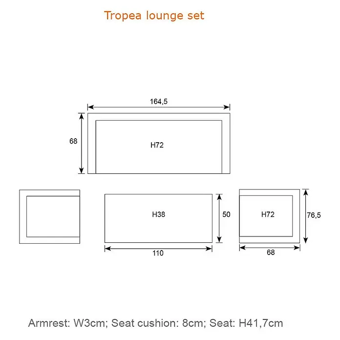 Garden Impressions Loungemöbel-Set Tropea - 4 -tlg., Aluminium, Grau/Schwarz - Technische Zeichnung eines Tropea Lounge-Sets mit Maßen für Sofa, Couchtisch sowie Armlehne, Sitzkissen und Sitzhöhe.