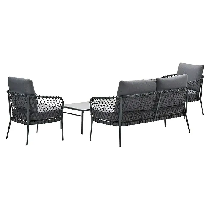 Garden Impressions Loungemöbel-Set Tropea - 4 -tlg., Aluminium, Grau/Schwarz - Graues Outdoor-Loungeset mit schwarzen geflochtenen Stühlen, Sofa und quadratischem Beistelltisch.