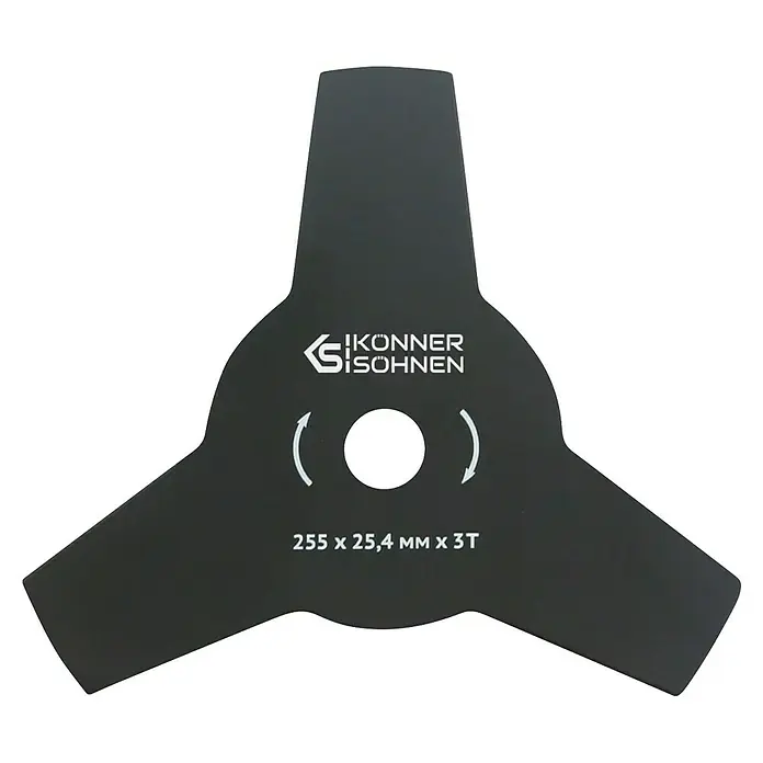Könner & Söhnen Akku-Rasentrimmer KS BCT - 20 V, Li-Ionen, Ohne Akku, Schnittbreite Messer: 25,5 cm, Schnittbreite Faden: 30 cm - Dreiflügeliges Messer für Freischneider, ideal zum Trimmen von Gras und Unkraut. Robuste Klinge mit "Könner & Söhnen"-Logo und Spezifikationen.