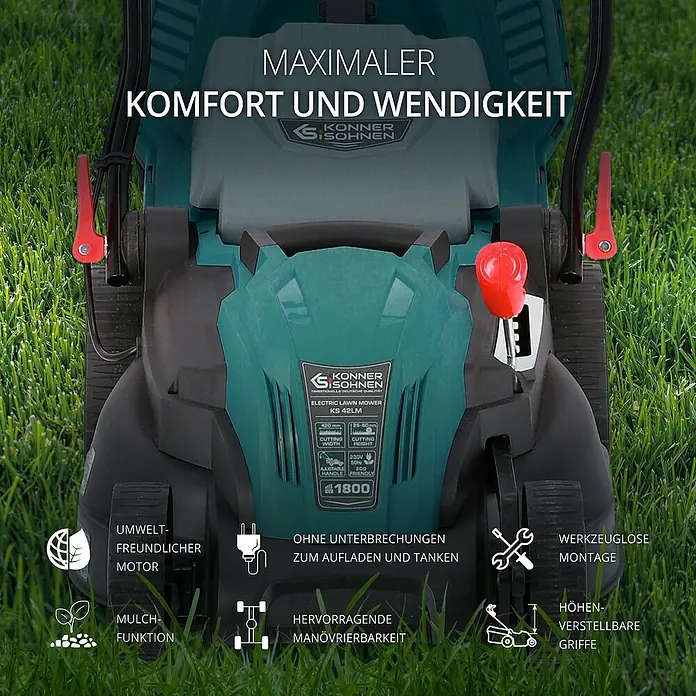 Könner & Söhnen Elektro-Rasenmäher KS 42LM - 1.800 W, Schnittbreite: 42 cm - Bild einer "Könner & Söhnen" Rasenmähers, der maximalen Komfort und Wendigkeit bietet. Umweltfreundlicher Motor und werkzeuglose Montage.