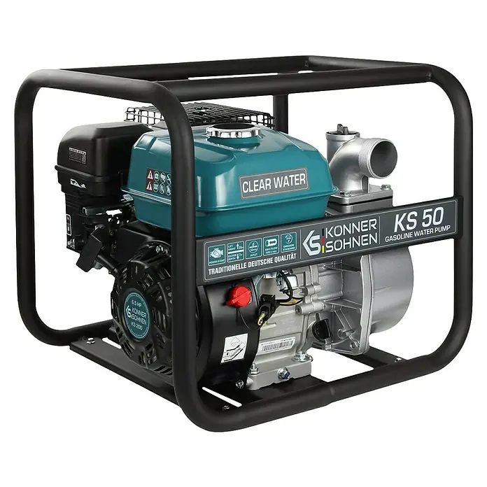 Könner & Söhnen Benzin-Klarwasserpumpe KS 50 - 7 PS, 196 cm³, Max. Fördermenge: 500 l/h - Abbildung einer Konner & Söhnen KS 50 Benzin-Wasserpumpe. Die Pumpe ist in einem robusten Rahmen montiert und hat einen grünen Tank.