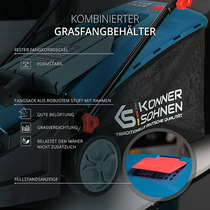 Könner & Söhnen Elektro-Rasenmäher KS 38LM-BL - 1.400 W, Schnittbreite: 38 cm - Detailaufnahme des Grasfangbehälters eines Rasenmähers mit Füllstandsanzeige und Hinweisen zur Belüftung und Grasverdichtung.