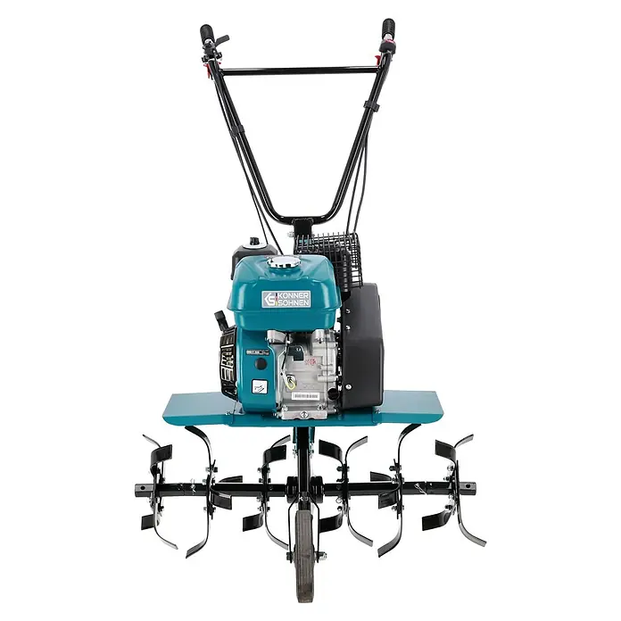 Könner & Söhnen Benzin-Bodenhacke KS 7HP-850A - 4-Takt, Arbeitsbreite: 80 cm - Nahaufnahme eines blaugrünen KONNER & SÖHNEN Gartenfräse mit schwarzen Fräsmessern und verstellbarem Griff.