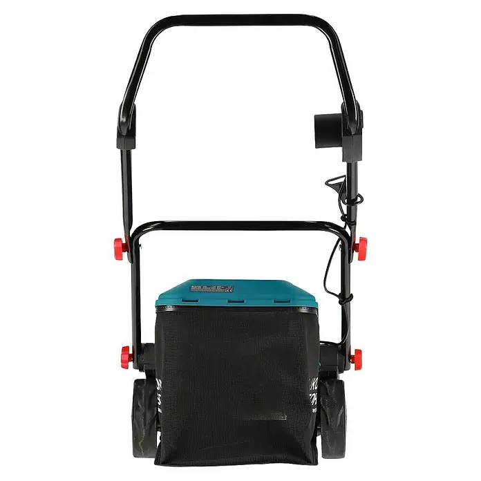 Könner & Söhnen Elektro-Rasenmäher KS 38LM-BL - 1.400 W, Schnittbreite: 38 cm - Frontansicht eines Rasenmähers mit Fangkorb, ideal für Gartenpflege und Rasenpflege. Kompaktes Design für einfache Lagerung.