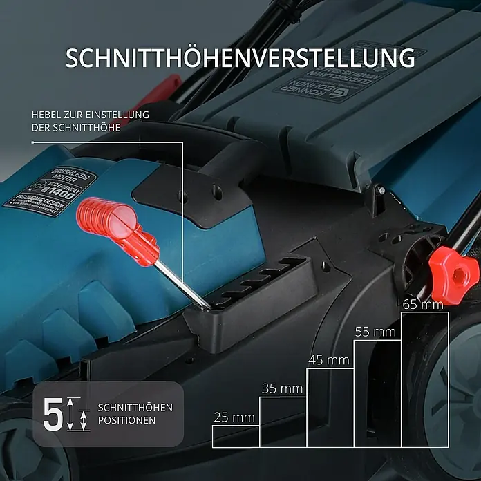 Könner & Söhnen Elektro-Rasenmäher KS 38LM-BL - 1.400 W, Schnittbreite: 38 cm - Nahaufnahme eines Rasenmähers mit einstellbarer Schnitthöhe in fünf Positionen von 25 mm bis 65 mm.