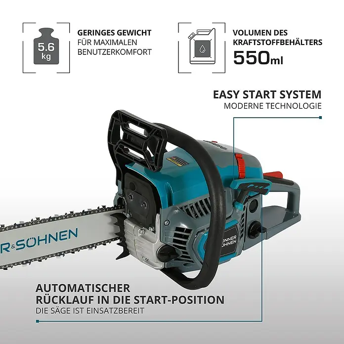 Könner & Söhnen Benzin-Kettensäge KS CS31G-18 - 2,3 kW, 54,5 cm³, Schwertlänge: 45 cm - Abbildung einer Benzin-Kettensäge mit geringem Gewicht und einem Kraftstoffbehältervolumen von 550ml.