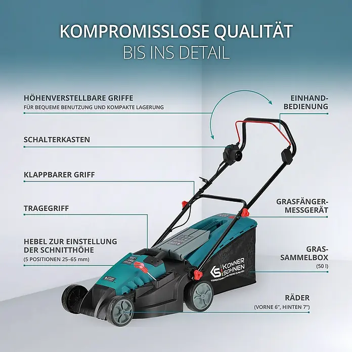 Könner & Söhnen Elektro-Rasenmäher KS 38LM-BL - 1.400 W, Schnittbreite: 38 cm - Abbildung eines Konner & Söhnen Rasenmähers mit verstellbaren Griffen und Grasfangkorb.