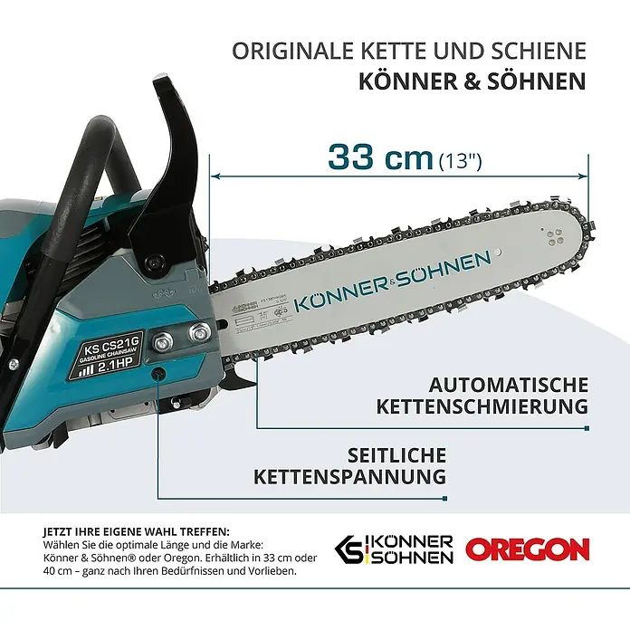 Könner & Söhnen Benzin-Kettensäge KS CS21G-13 - 1,6 kW, 45 cm³, Schwertlänge: 33 cm - Abbildung einer Kettensäge von Könner & Söhnen mit einer Schwertlänge von 33 cm und automatischer Kettenschmierung.