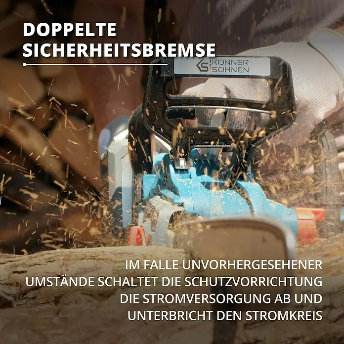 Könner & Söhnen Akku-Kettensäge KS CS40V-16 - 20 V, Li-Ionen, Ohne Akku, Schwertlänge: 40 cm - Nahaufnahme einer Kettensäge von „Könner & Söhnen“ mit doppelter Sicherheitsbremse beim Sägen von Holz.