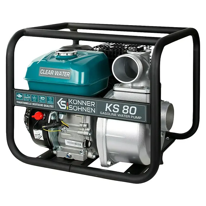 Könner & Söhnen Benzin-Klarwasserpumpe KS 80 - 7 PS, 196 cm³, Max. Fördermenge: 1.000 l/h - KS 80 Benzin-Wasserpumpe von Könner & Söhnen: Leistungsstark, zuverlässig und ideal für verschiedenste Anwendungen in der Wasserförderung.