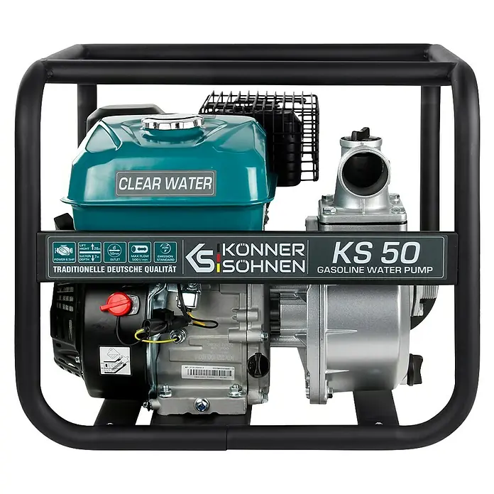 Könner & Söhnen Benzin-Klarwasserpumpe KS 50 - 7 PS, 196 cm³, Max. Fördermenge: 500 l/h - Das Bild zeigt eine KS 50 Benzin-Wasserpumpe von Könner & Söhnen, ideal für die Wasserförderung mit hoher Leistung und deutscher Qualität.