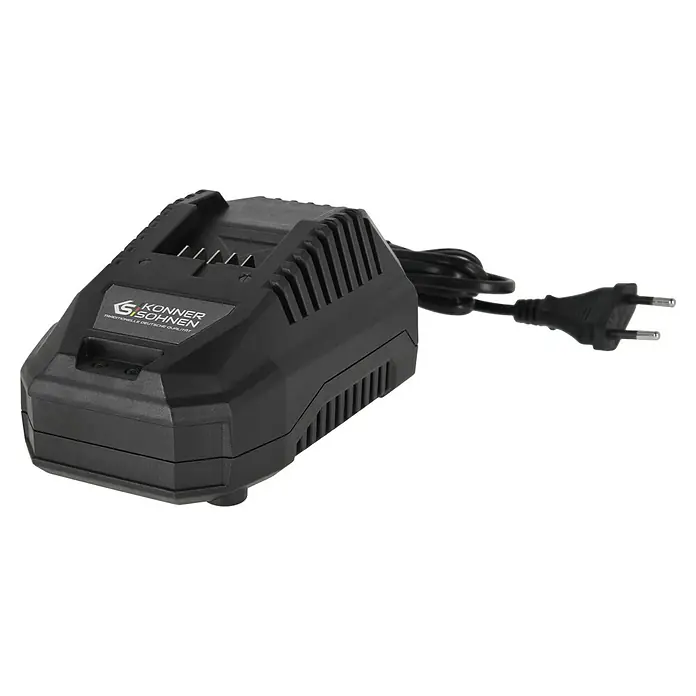 Könner & Söhnen Akku-Ladegerät KS C45A - Passend für: Alle Könner & Söhnen® 20V-Akkus - Abbildung eines Konner & Söhnen Batterieladegeräts, ein kompaktes Gerät zum Aufladen von Gerätebatterien mit Kühlrippen und Stromkabel.